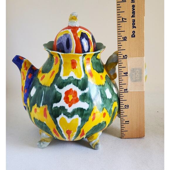 TEAPOT/ANTHROPOLOGY-Blackbird-Green-Yellow-"Tie Dye" Design-Hand Painted-4 cups - Picture 11 of 14
